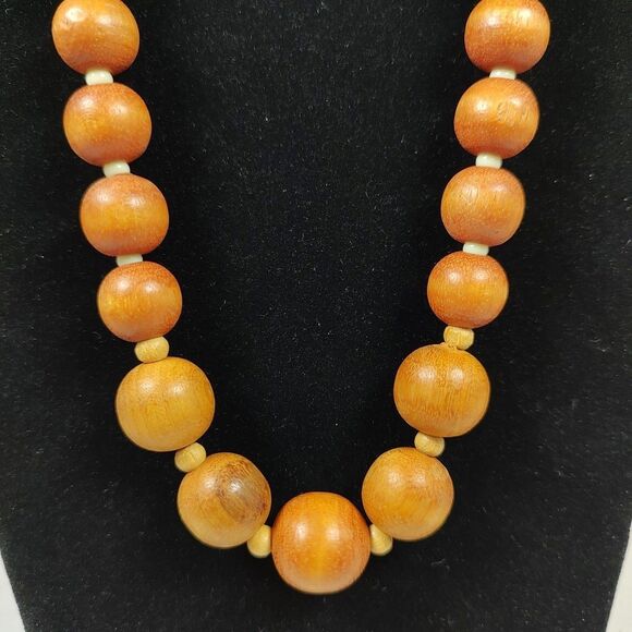 Natural Wood & Plastic Beaded Necklace SIlver Tone Metal 24" Graduated Bohemian - Picture 3 of 9
